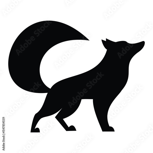  A sleek and simple black vector silhouette of a fox, looking upwards with a prominent tail. Ideal for logos, animal-themed designs, nature concepts, and branding.