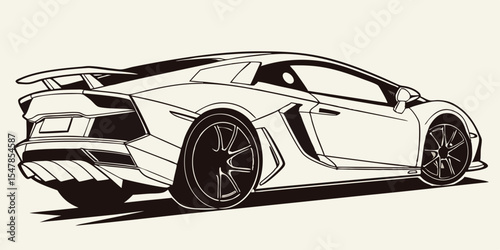 Stylized Illustration of a Modern Supercar with Bold Outlines Rear View Showing Sleek Design and Aerodynamic Features Isolated on a Clean Background Automotive Art