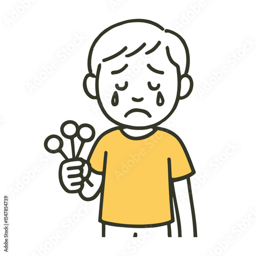 Child Crying With Lollipop His Hand. Hand-Drawn Emotional Expression, Doodle Sketch, Grief, Tears, Kid Crying, Simple Art Vector Illustration