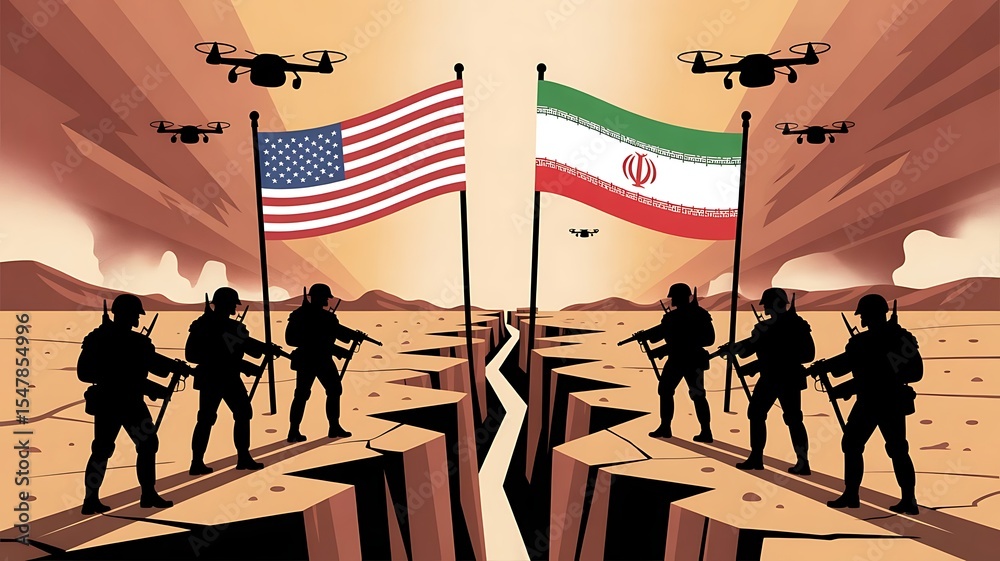 Obraz premium US and Iranian flags with cracked battlefield between them, soldier silhouettes with rifles, desert landscape, tension-filled sky with drones flying, created with generative ai