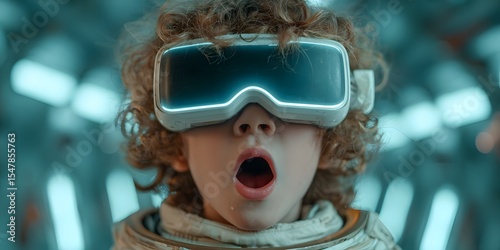Fototapeta Naklejka Na Ścianę i Meble -  Young child filled with awe wears a glowing blue VR headset in a sleek, high-tech spaceship corridor illuminated by dynamic cyan lighting.