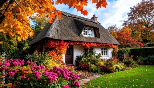 Autumn Cottage with Fall Colors, Thatched Roof, and Garden.