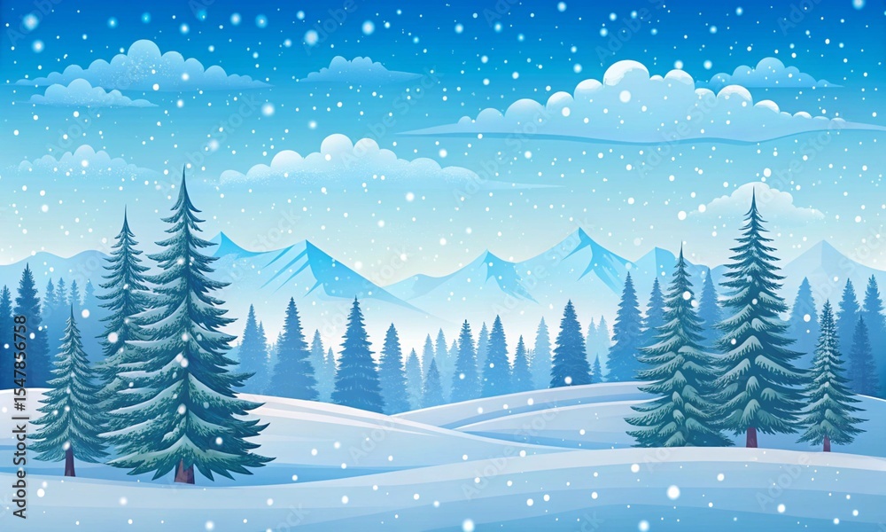 Fototapeta premium Snowy background. Snowdrifts. Snowfall. Clear blue sky. Blizzard. Cartoon wallpaper. Cold weather. Winter season. Forest trees and mountains.