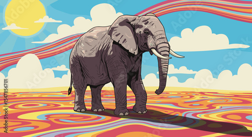 Psychedelic surreal elephant illustration on colorful landscape background with abstract swirls, for wildlife conservation, art projects and bright decor
