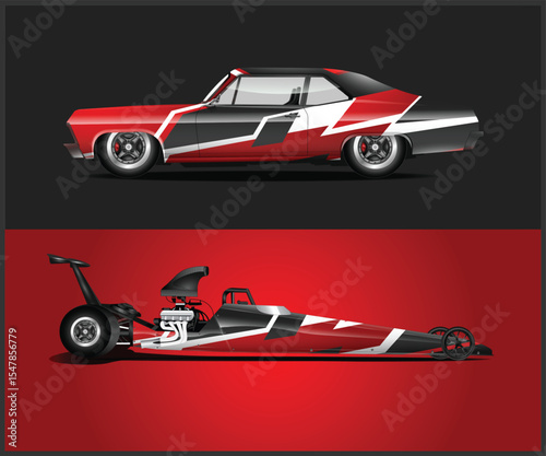 Two stylized race cars one classic and one dragster with red black and white designs