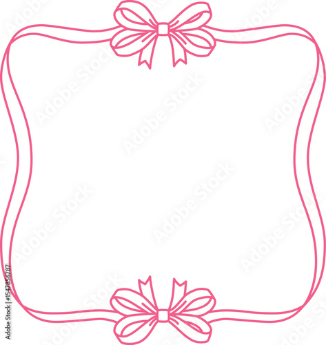 Vintage pink frame with bows knot, outline wavy ribbons square border, coquette line art for greeting, invitation design