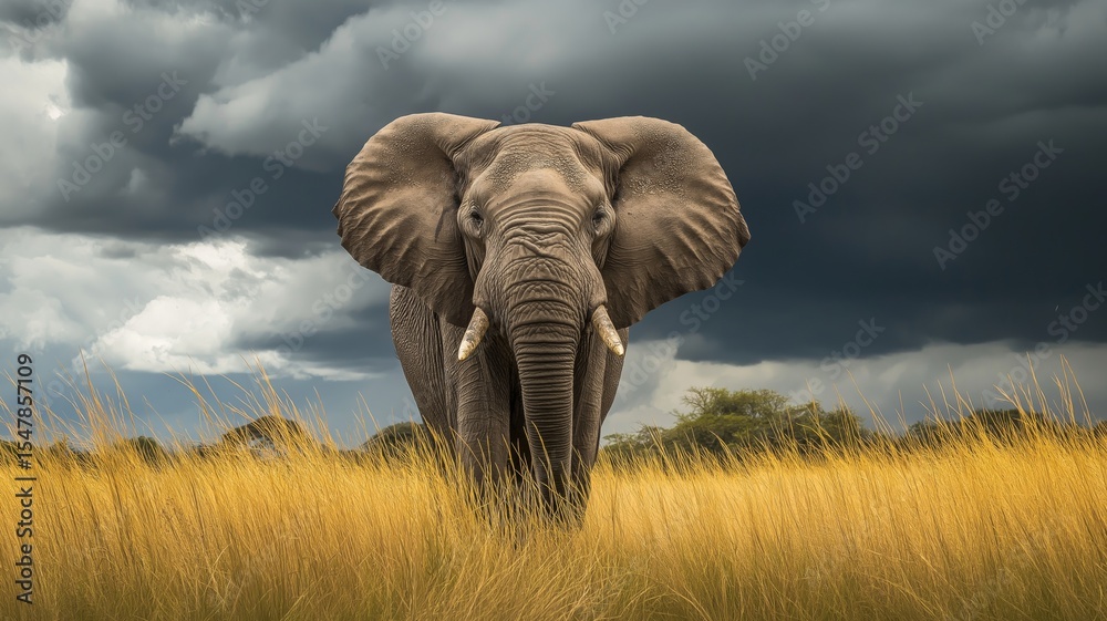 Fototapeta premium An elephant stands tall in golden grass, while dark storm clouds gather overhead in the savanna.