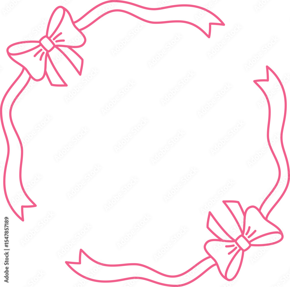 Obraz premium Round frame made of symmetrical pink outline wavy ribbons with bows.