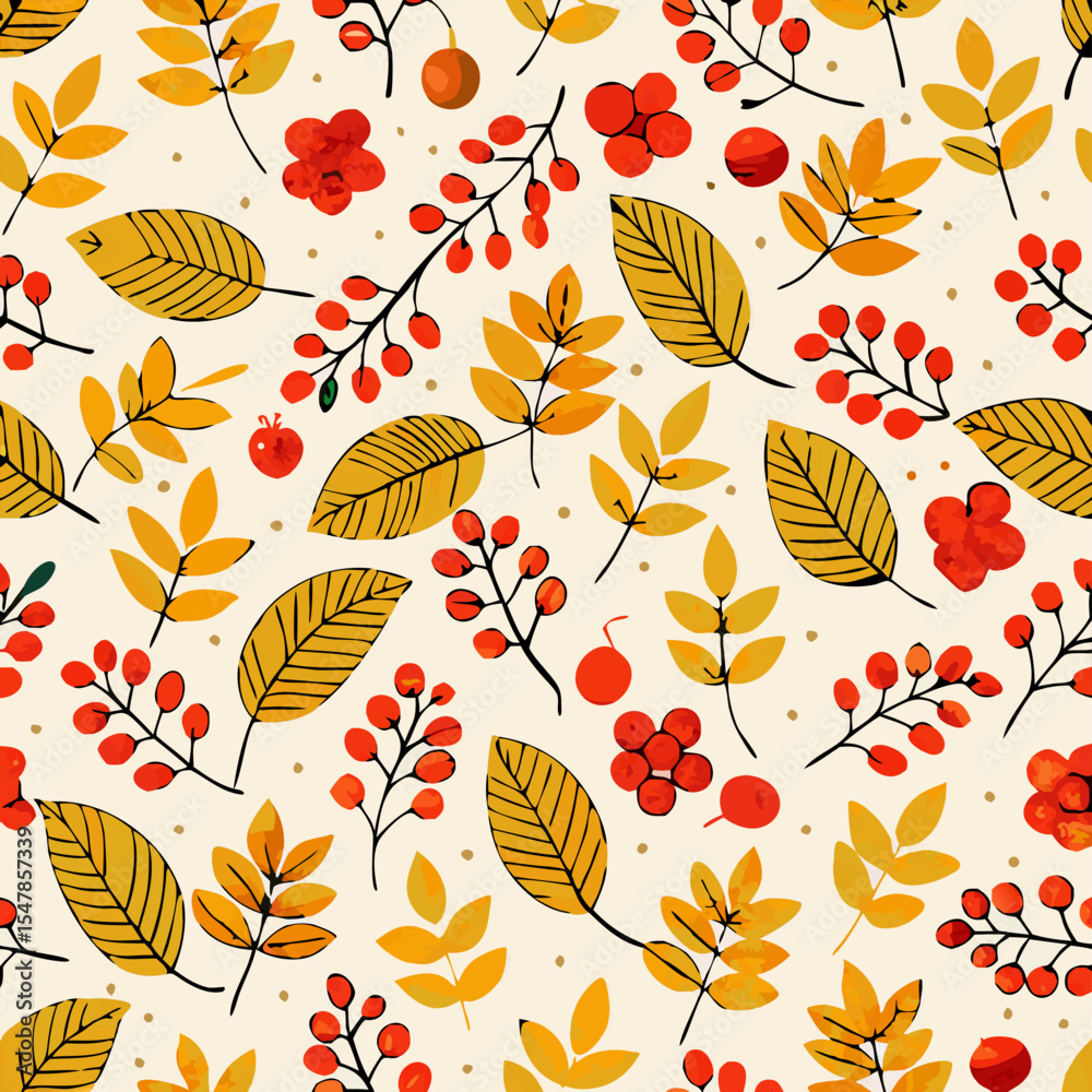 Obraz premium Autumn Leaves and Berries Seamless Pattern