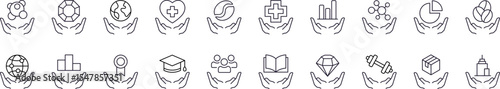 Charity and Gift Line Icon Collection. Education, Healthcare, Stone Outline Signs for Graphic and Web Design, Apps, Adverts, Various Cards