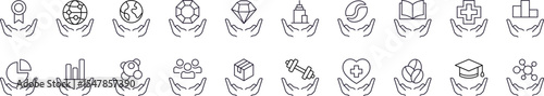Charity and Gift Line Icon Pack. Education, Healthcare, Stone Outline Signs for Graphic and Web Design, Apps, Adverts, Various Cards