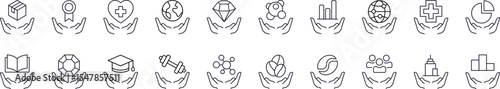 Charity and Gift Line Icon Bundle. Education, Healthcare, Stone Outline Signs for Graphic and Web Design, Apps, Adverts, Various Cards