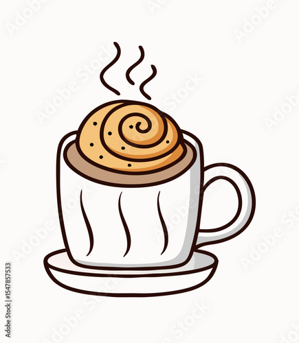 Steaming Coffee with Cinnamon Roll in Mug