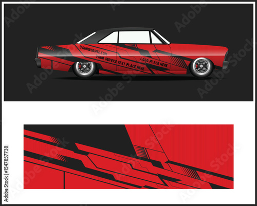 Red Car Wrap Design Template with Geometric Black Graphics and Mockup