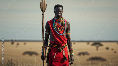 A portrait of a maasai warrior holding a spear stands proudly in the african savanna landscape