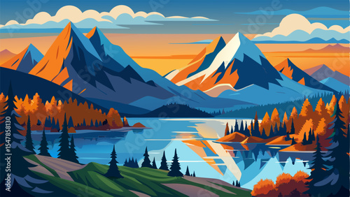 Stunning Autumn Mountain Lake Landscape Illustration