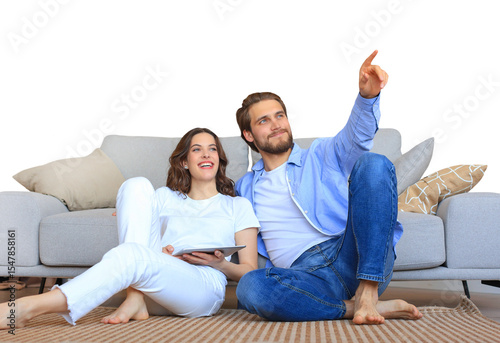 Happy couple sitting and planning new home decoration at home with a tablet, renovation and interior design for new house on a transparent background