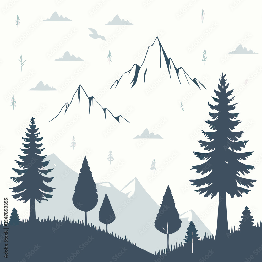 Obraz premium Mountain Landscape Silhouette: Trees, Peaks, & Clouds Illustration