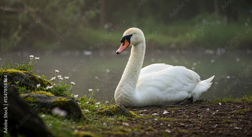 Fototapeta premium Graceful swan resting beside misty forest pond. A white swan rests peacefully on the grassy bank of a foggy pond, surrounded by wildflowers and soft morning light. 
