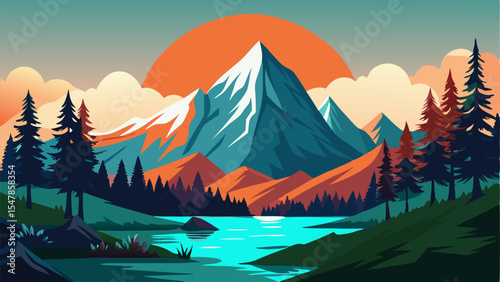 Majestic Mountain Lake Sunset Landscape Illustration