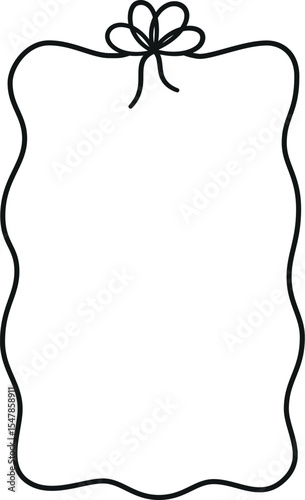 Black Wavy Ribbon Rectangle Frame with Bow. Doodle.
