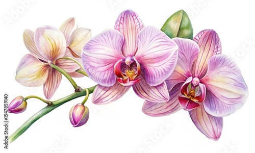 Watercolor orchid flower illustration, hand-painted. Delicate orchid bloom isolated on a white background.