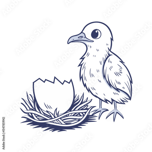 Charming line art illustration of a newly hatched baby bird sitting beside a cracked eggshell. This simple yet expressive vector features a fluffy chick with big eyes, capturing the innocence 