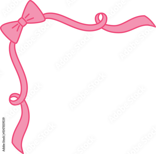 Pink vintage corner frame bow knot, curly ribbon coquette style, for greeting card, wedding invitation romantic design