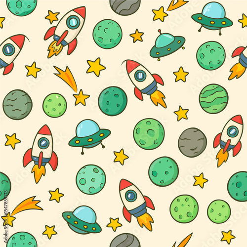 Charming hand-drawn space-themed pattern featuring rockets, planets, UFOs, and stars ideal for kids apparel, textiles, and stationery.  Vibrant colors and a playful style. Vector Pattern