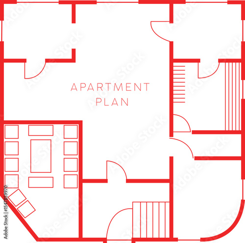 Red line drawing of modern apartment floor plan showing rooms and layout