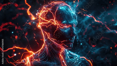 portrait of a humanoid surrounded by electric glowing veins, cosmic surrealism, vibrant fiery and cool tones, intricate energy patterns, dark 