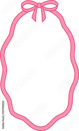 Pink oval frame with bow, wavy ribbon border coquette style for greeting card, wedding invitation vintage vector design
