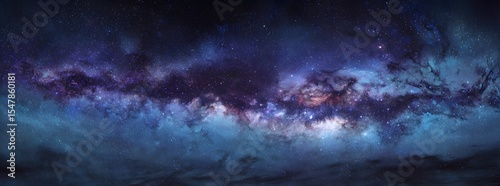 8k Panorama blue and purple milky way galaxy with a black background. banner