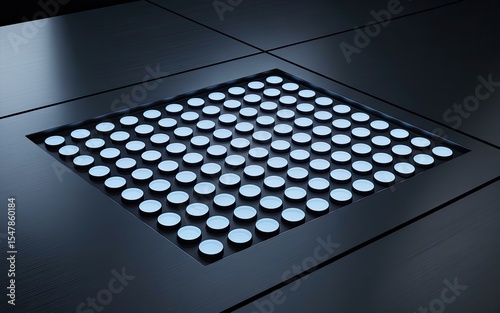 Futuristic abstract design featuring grid of illuminated circles with metallic reflective surface detail