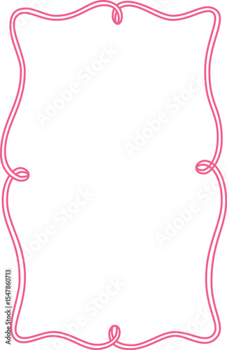 Pink vintage outline vector frame, wavy ribbon border coquette style, romantic line art for greeting card, invitation