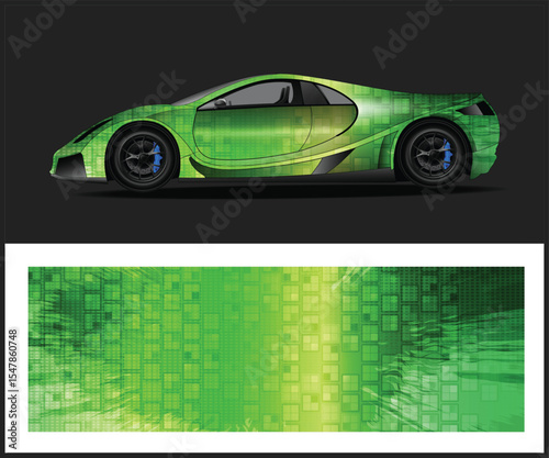 Green Sports Car with Abstract Square Pattern and Matching Wrap Design