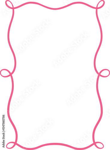 Pink vintage curly line aesthetic frame, wavy ribbon vertical border with swirls, coquette line art vector design