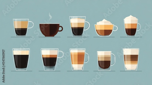 a clean, modern icon set of different types of coffee drinks (espresso, latte, cappuccino), rendered in a minimalist flat design style, perfect for a menu