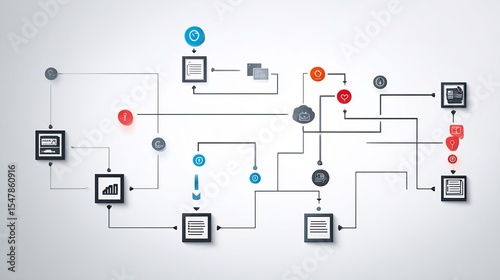 a clean and professional flowchart diagram illustrating a complex decision making process, using minimalist icons and a clear visual hierarchy, perfect for a corporate presentation