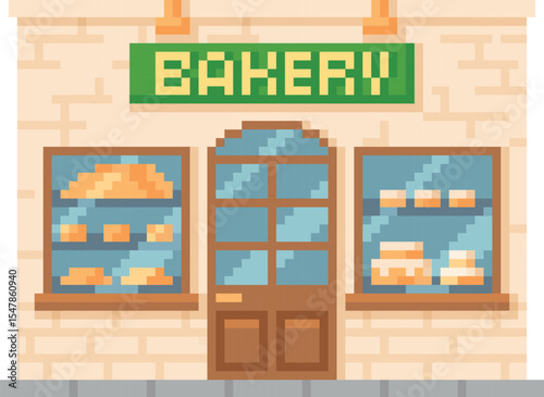Bakery shop game pixel art, vector cartoon pixelated showcase with cake dessert, pastry products assortment on shelves