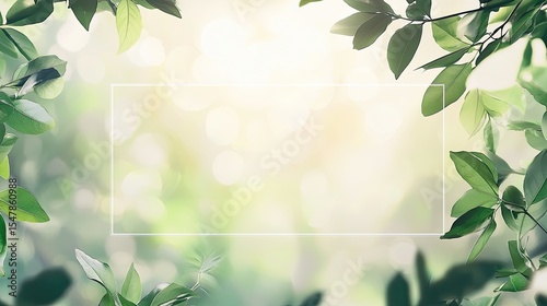 Transparent text box in the center of a blurred natural background with green leaves and morning light, soft bokeh effect