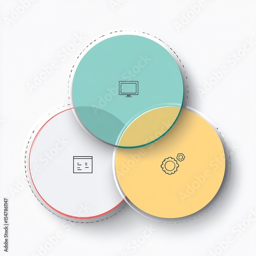 a clean and modern Venn diagram with three overlapping circles in pastel colors, with icons in each section, perfect for a business presentation slide, vector graphic
