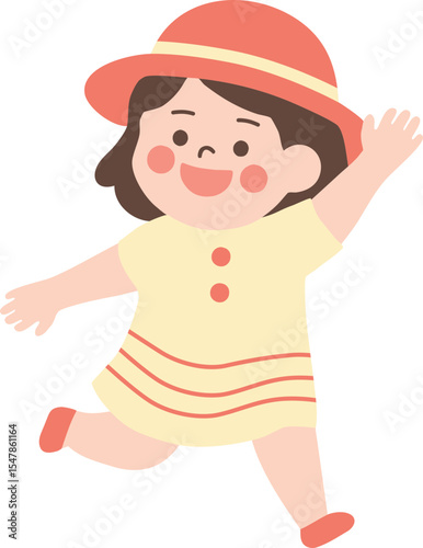 Happy Little Girl Running in Yellow Dress and Red Hat – Flat Vector Illustration