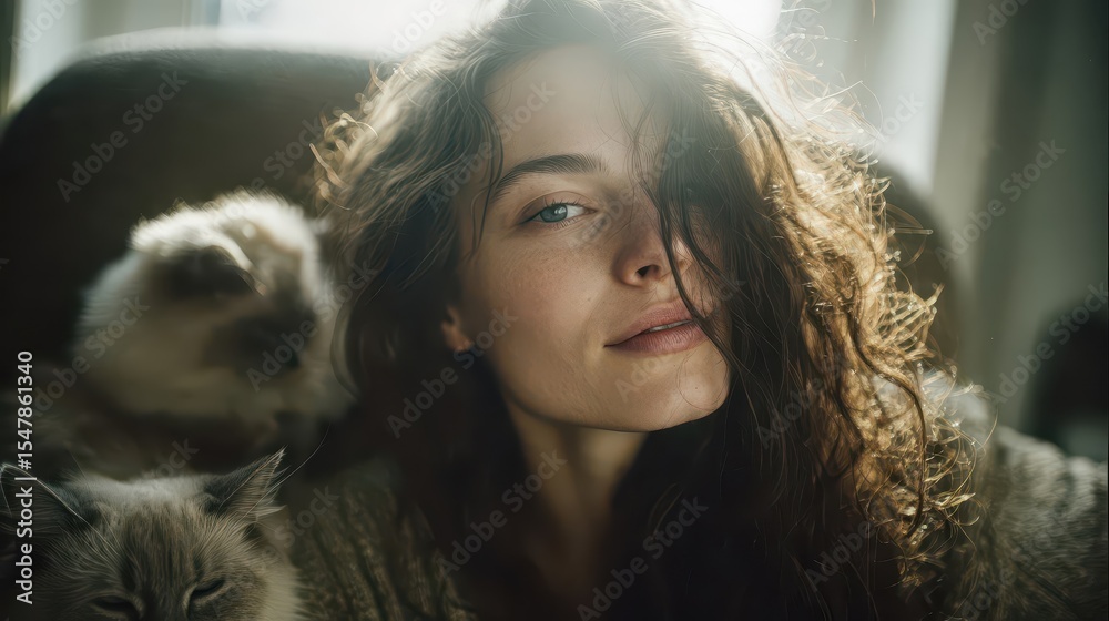 A woman with long curly hair relaxes in a chair surrounded by her beloved cats. A woman with long curly hair relaxes in a chair surrounded by her beloved cats.