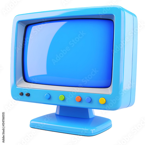 Blue retro crt monitor displaying vibrant information on transparent background