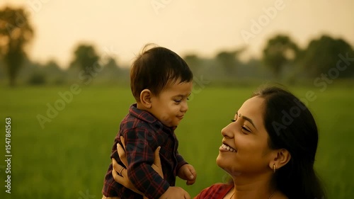 During sunset in rural India, a mother wearing a Sari joyfully holds her baby high above her. They both laugh and share a special connection in the beautiful light
