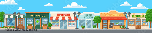 City street buildings vector pixel art, cartoon 8 bit game cafe, Hair salon, shop, Pharmacy, house, bakery, restaurant