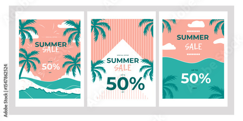 Summer Sale. A set of discount flyers and posters. Beach theme, green sea and pink sky. Vector illustration. Template for promotions and shopping for summer.