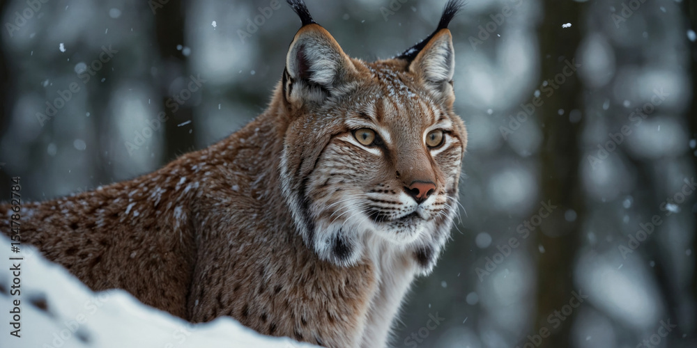 Obraz premium A stunning portrait of a Eurasian lynx in a snowy, winter forest setting.