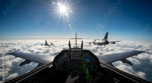 View from a fighter jet cockpit with other jets flying in formation above a sea of clouds under a bright sunny sky. The image captures a sense of adventure and aerial power.